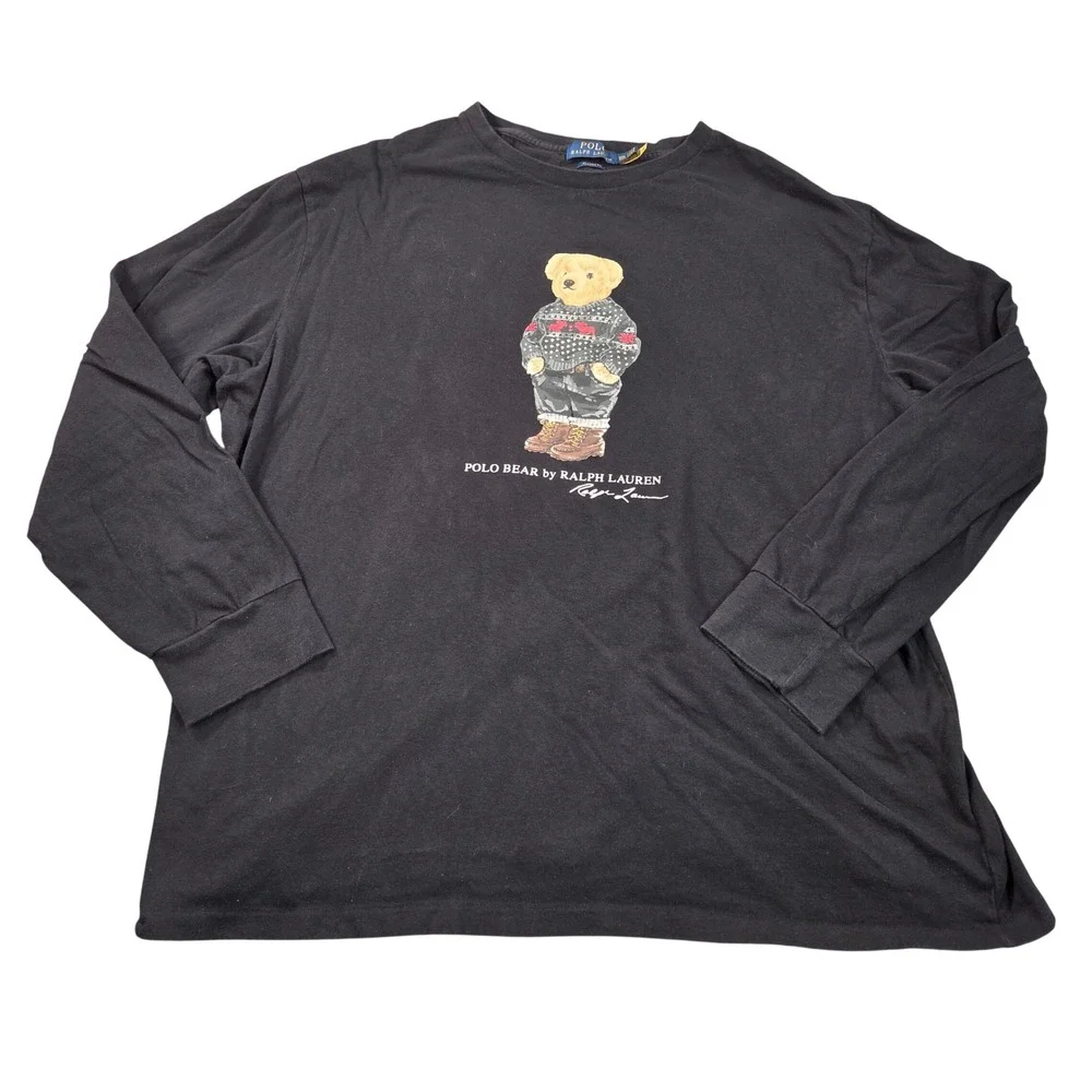 Polo Ralph Lauren T-Shirt Mens XXL Black Polo Bear Long Sleeve Classic Fit
